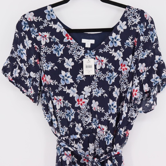 J.Jill Floral Maxi Dress Petite Size LP Blue Crepe Short Sleeve Belt Tie Waist - Picture 3 of 8